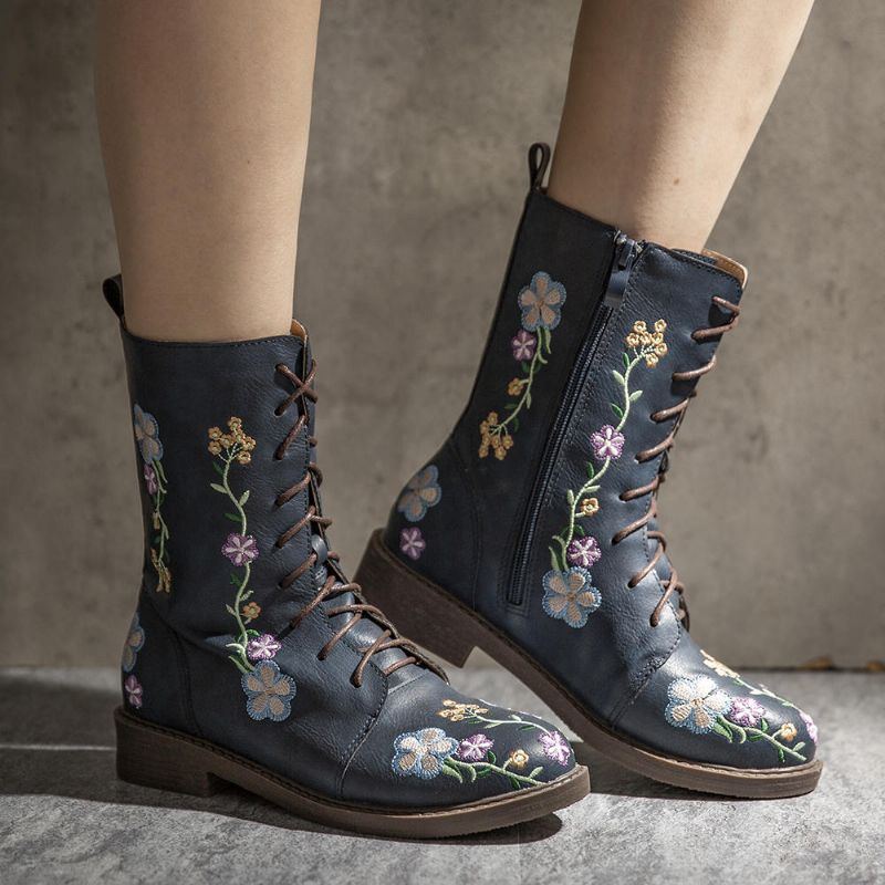 Damen Retro Blumen Druck Mittlere Waden Stiefel