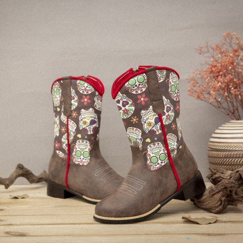 Damen Retro Blumen Drucken Spitzzehen Reißverschluss Waden Cowboy Stiefel