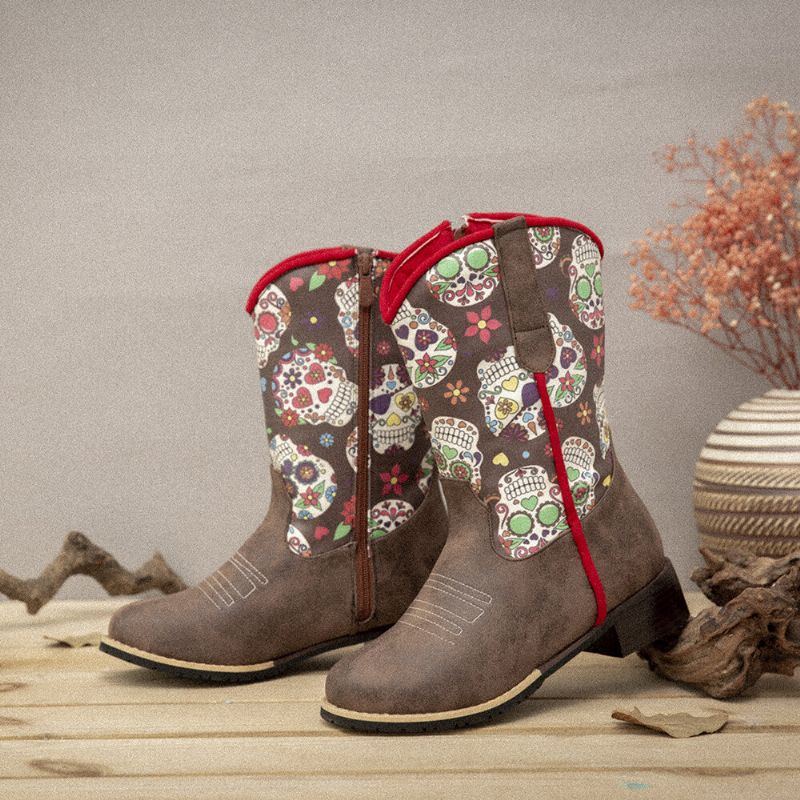 Damen Retro Blumen Drucken Spitzzehen Reißverschluss Waden Cowboy Stiefel