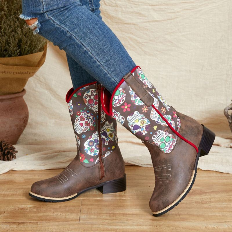 Damen Retro Blumen Drucken Spitzzehen Reißverschluss Waden Cowboy Stiefel