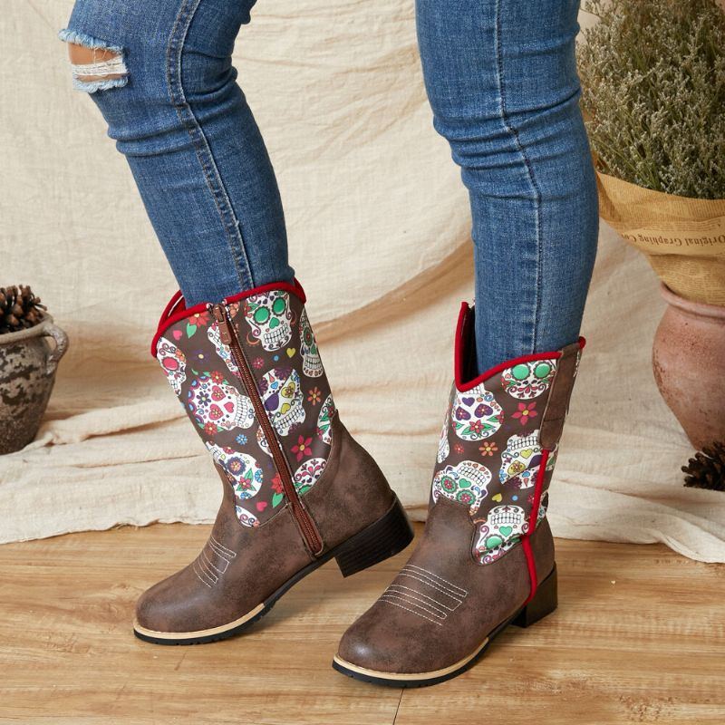 Damen Retro Blumen Drucken Spitzzehen Reißverschluss Waden Cowboy Stiefel