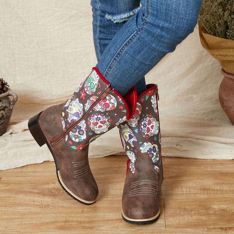 Damen Retro Blumen Drucken Spitzzehen Reißverschluss Waden Cowboy Stiefel