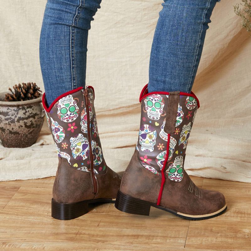 Damen Retro Blumen Drucken Spitzzehen Reißverschluss Waden Cowboy Stiefel