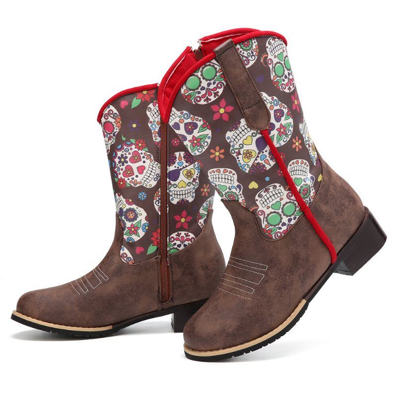 Damen Retro Blumen Drucken Spitzzehen Reißverschluss Waden Cowboy Stiefel