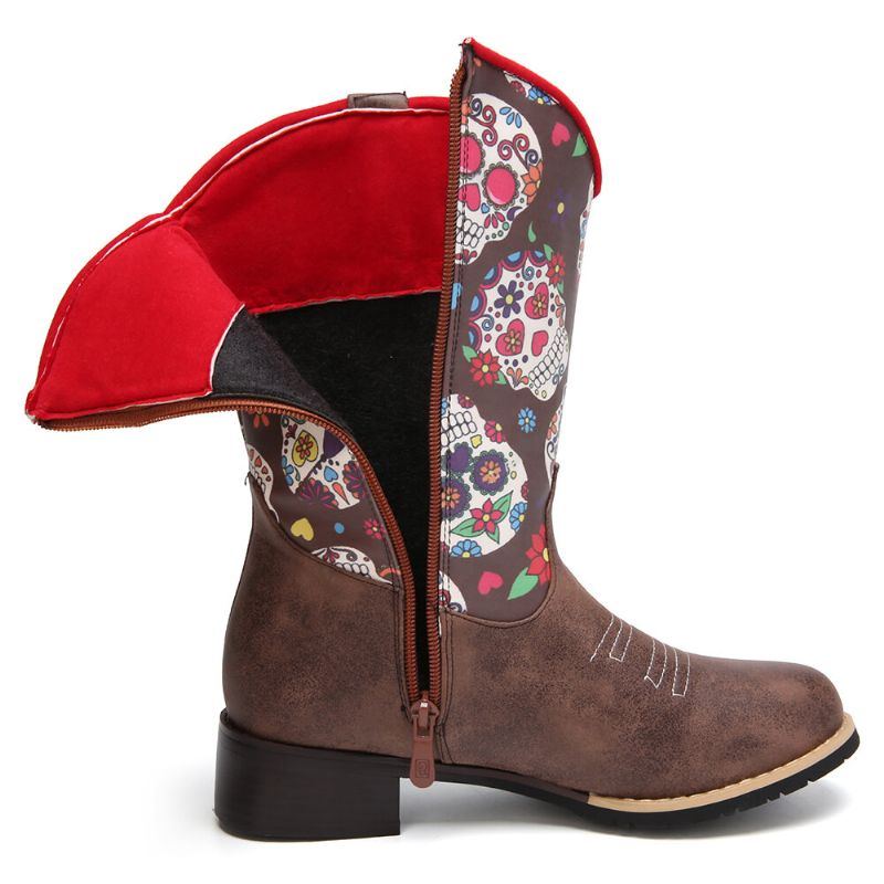 Damen Retro Blumen Drucken Spitzzehen Reißverschluss Waden Cowboy Stiefel