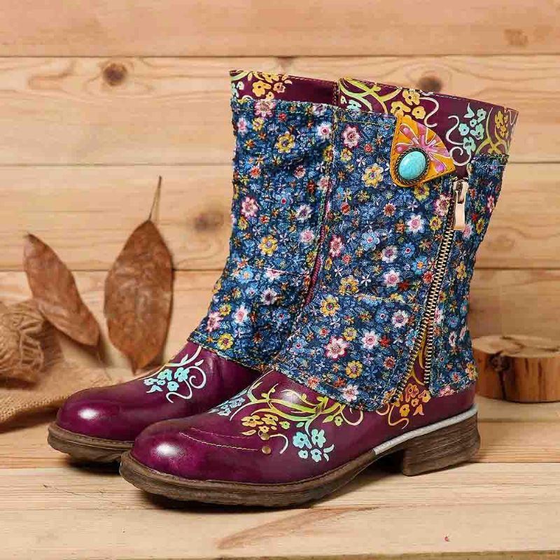 Damen Retro Blumen Muster Das Reißverschluss Flache Stiefel Näht