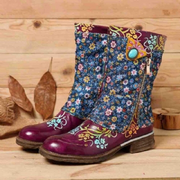 Damen Retro Blumen Muster Das Reißverschluss Flache Stiefel Näht