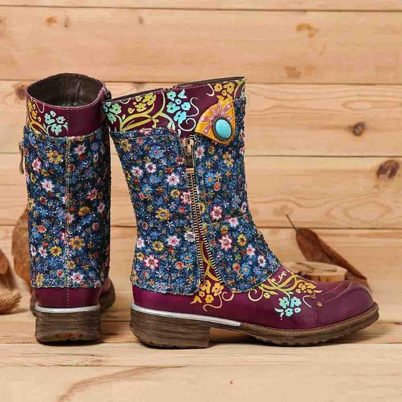 Damen Retro Blumen Muster Das Reißverschluss Flache Stiefel Näht