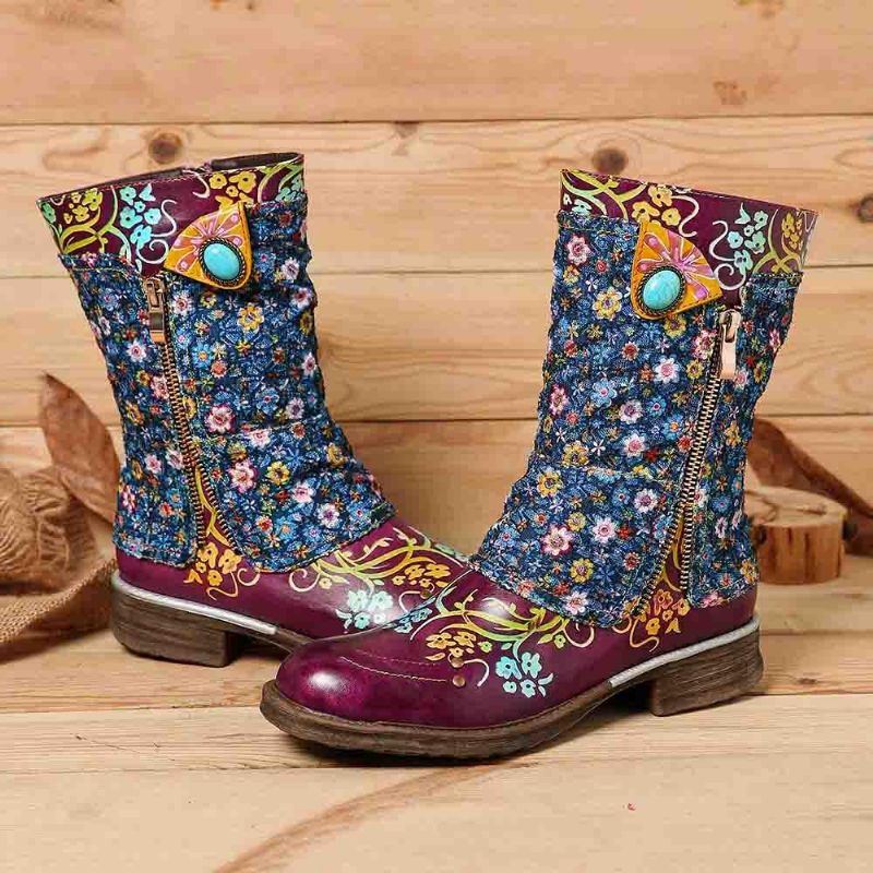 Damen Retro Blumen Muster Das Reißverschluss Flache Stiefel Näht