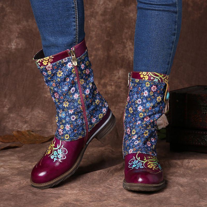 Damen Retro Blumen Muster Das Reißverschluss Flache Stiefel Näht