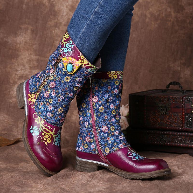 Damen Retro Blumen Muster Das Reißverschluss Flache Stiefel Näht