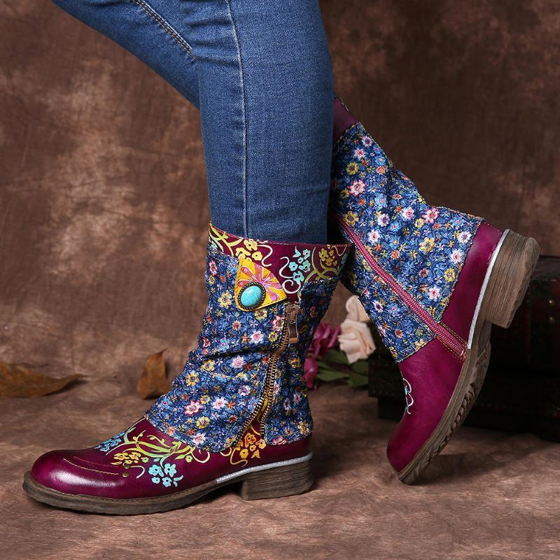 Damen Retro Blumen Muster Das Reißverschluss Flache Stiefel Näht