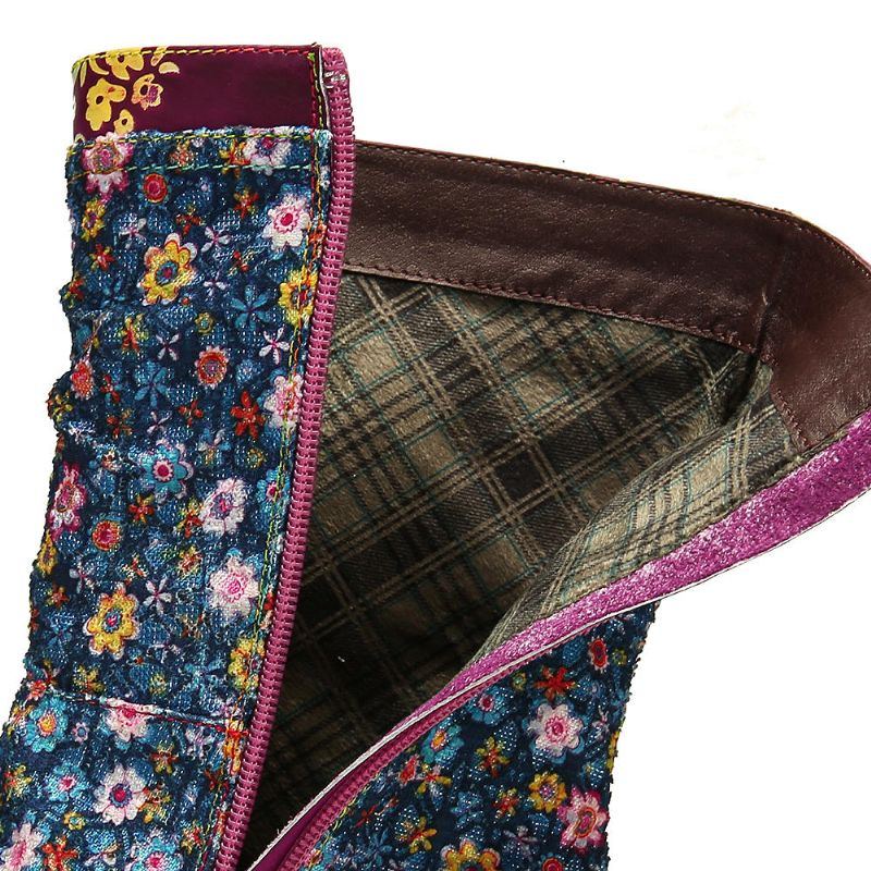 Damen Retro Blumen Muster Das Reißverschluss Flache Stiefel Näht