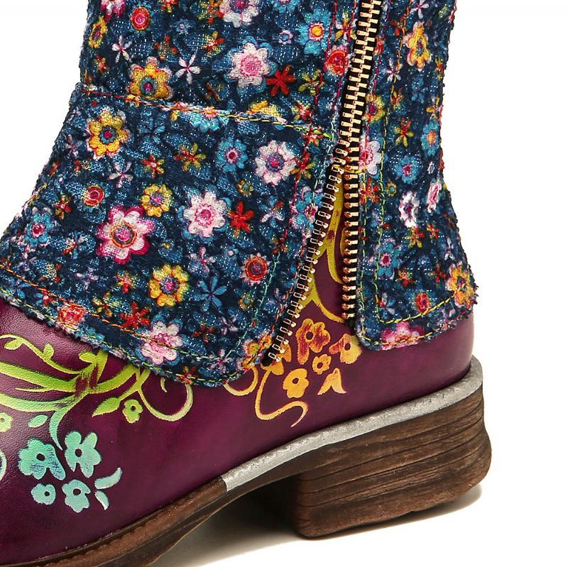 Damen Retro Blumen Muster Das Reißverschluss Flache Stiefel Näht