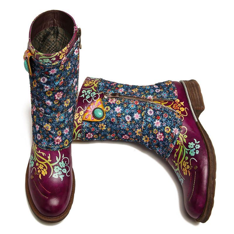 Damen Retro Blumen Muster Das Reißverschluss Flache Stiefel Näht