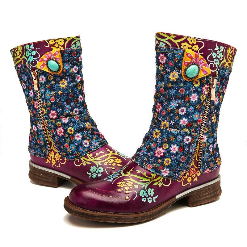 Damen Retro Blumen Muster Das Reißverschluss Flache Stiefel Näht