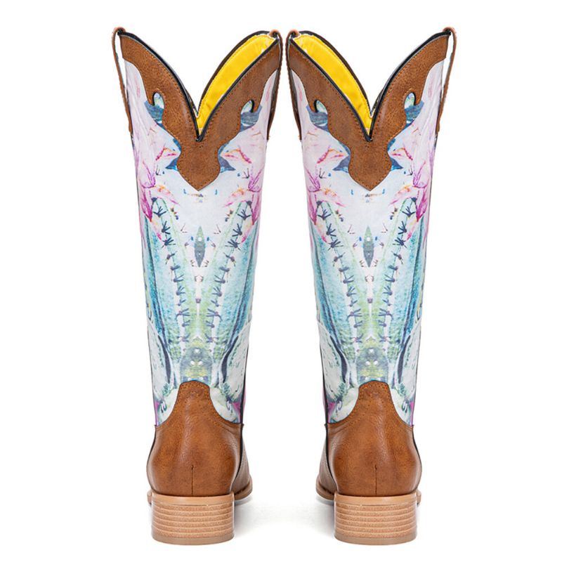 Damen Retro Blumendruck Square Toe Slip On Cowboystiefel