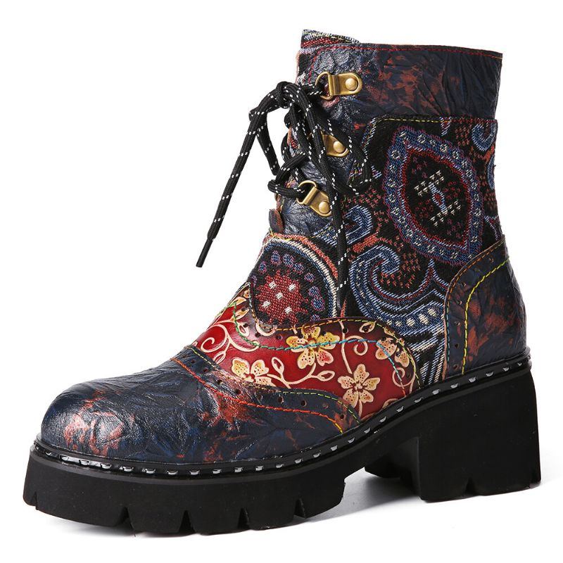 Damen Retro Ethno Stil Rutschfeste Blumen Muster Leder Mid Tube Stiefel