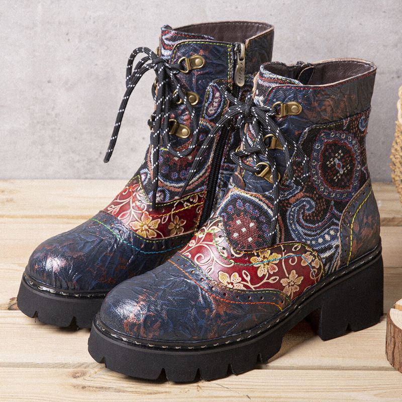 Damen Retro Ethno Stil Rutschfeste Blumen Muster Leder Mid Tube Stiefel