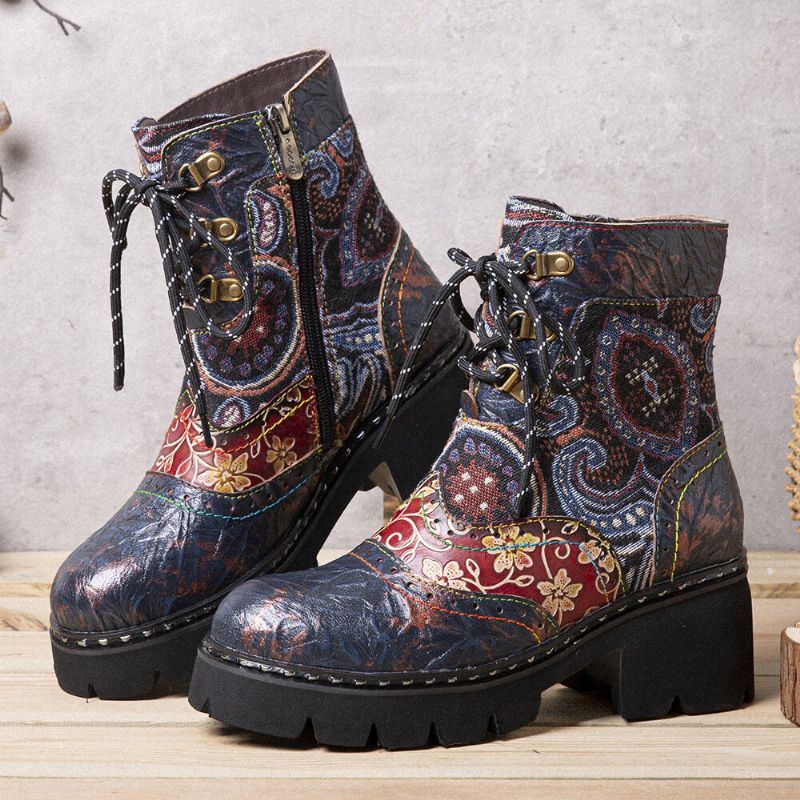 Damen Retro Ethno Stil Rutschfeste Blumen Muster Leder Mid Tube Stiefel