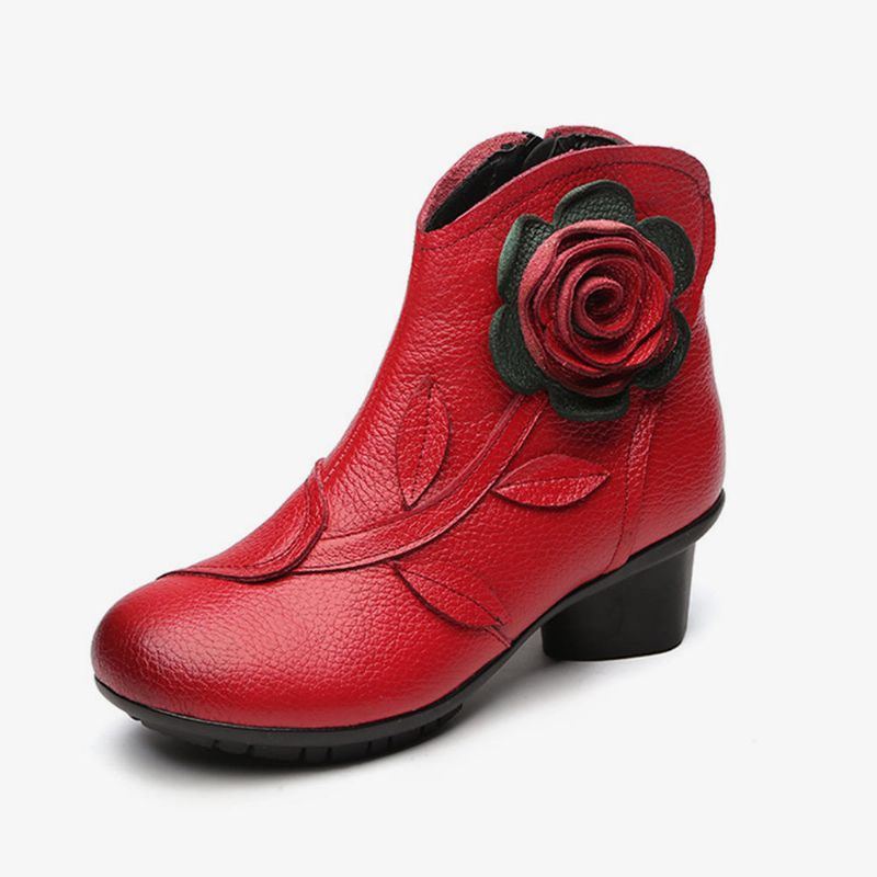 Damen Retro Handgemachte Blume Leder Stiefeletten