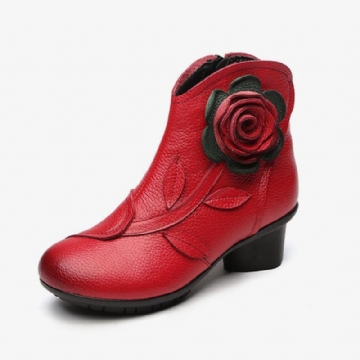 Damen Retro Handgemachte Blume Leder Stiefeletten