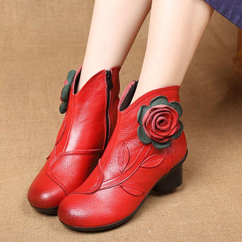 Damen Retro Handgemachte Blume Leder Stiefeletten