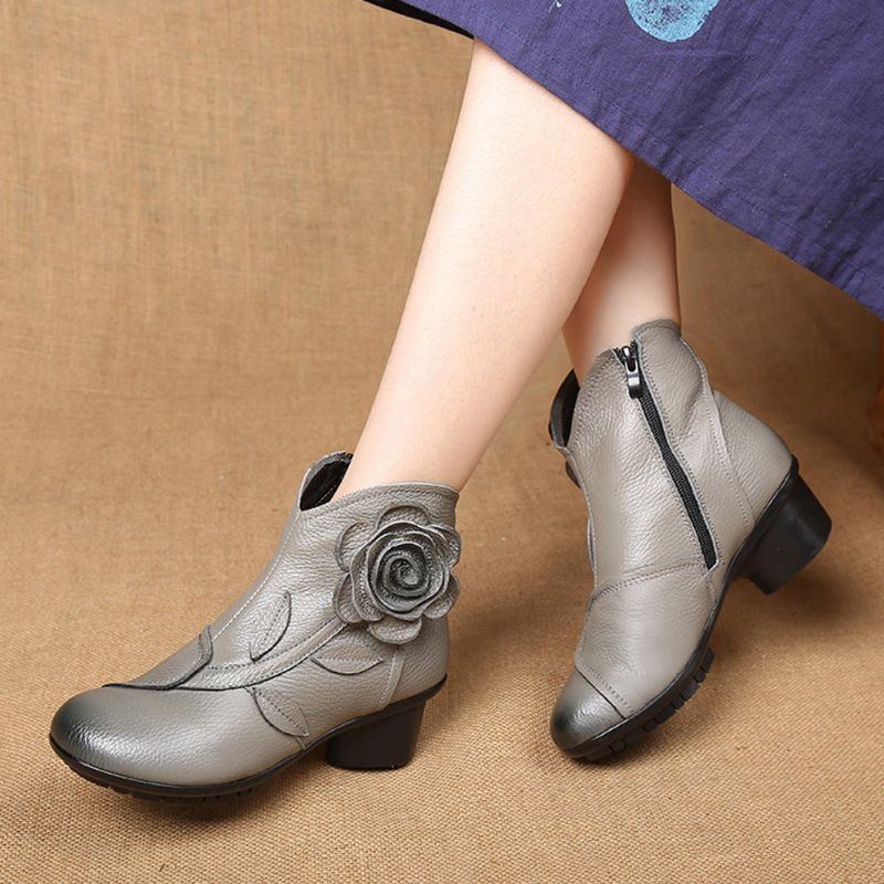 Damen Retro Handgemachte Blume Leder Stiefeletten