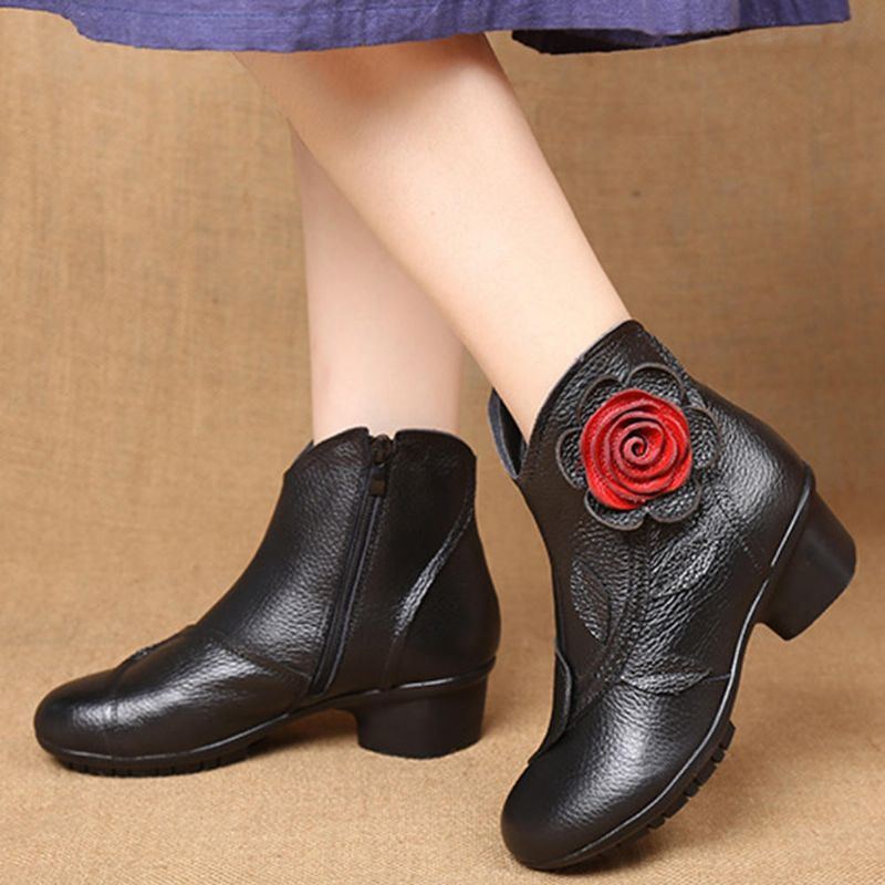 Damen Retro Handgemachte Blume Leder Stiefeletten