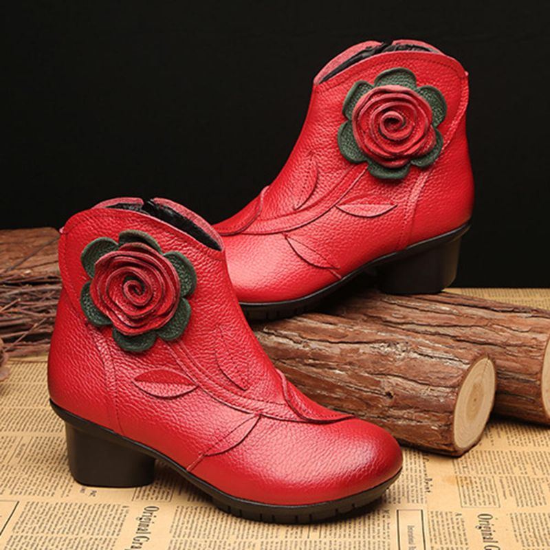 Damen Retro Handgemachte Blume Leder Stiefeletten