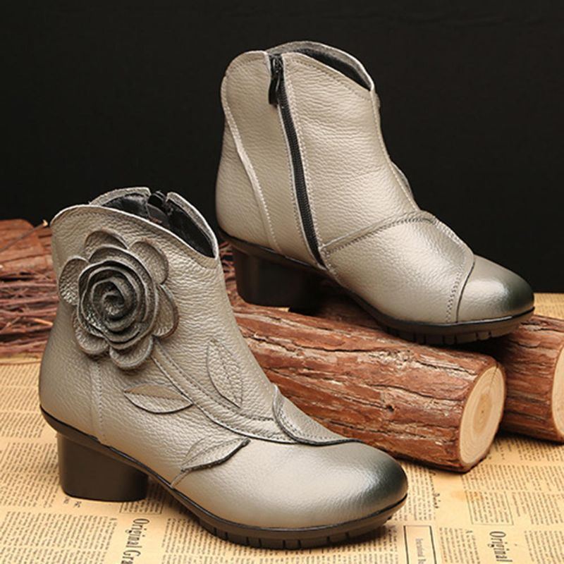 Damen Retro Handgemachte Blume Leder Stiefeletten