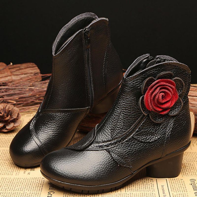 Damen Retro Handgemachte Blume Leder Stiefeletten