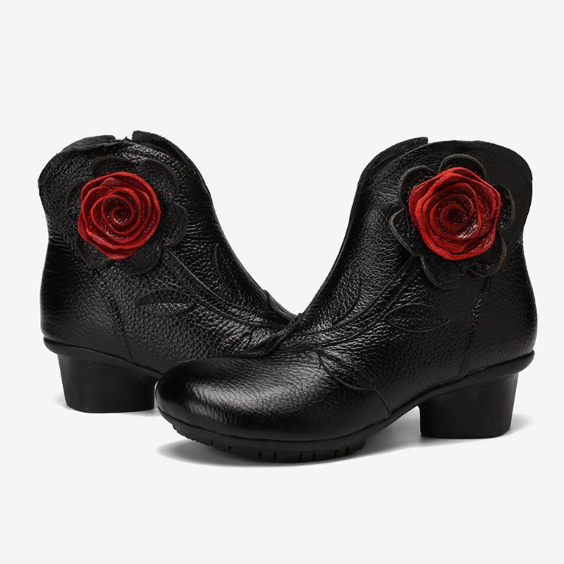 Damen Retro Handgemachte Blume Leder Stiefeletten