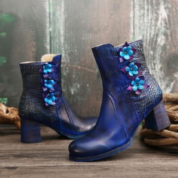 Damen Retro Handgemachte Blume Leder Stiefeletten