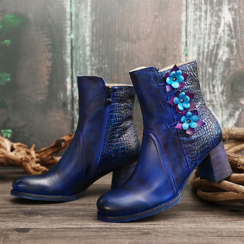 Damen Retro Handgemachte Blume Leder Stiefeletten