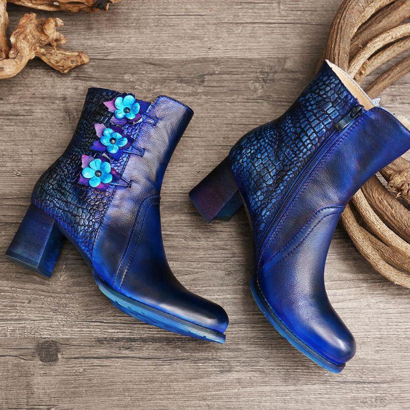 Damen Retro Handgemachte Blume Leder Stiefeletten