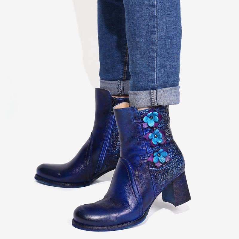 Damen Retro Handgemachte Blume Leder Stiefeletten