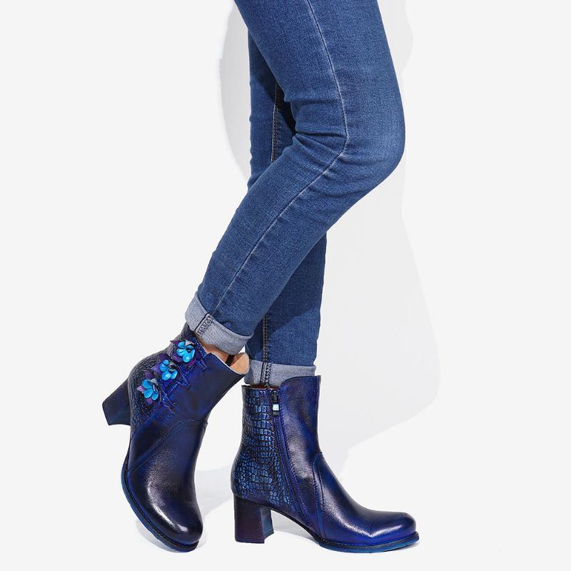 Damen Retro Handgemachte Blume Leder Stiefeletten