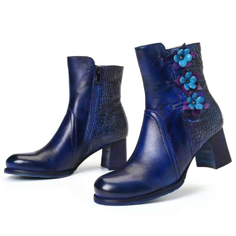 Damen Retro Handgemachte Blume Leder Stiefeletten