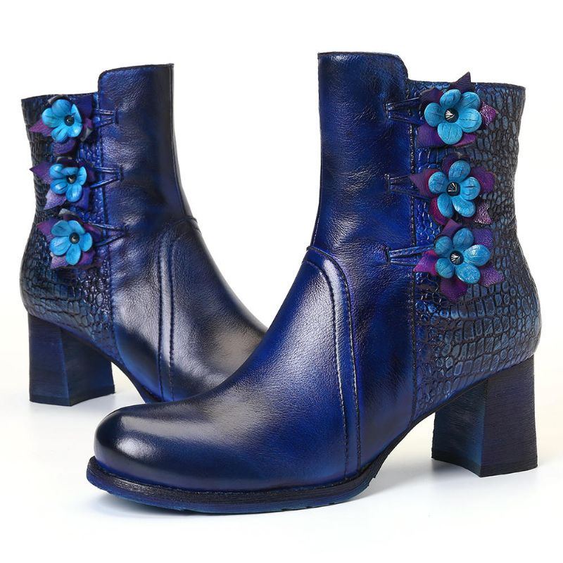 Damen Retro Handgemachte Blume Leder Stiefeletten