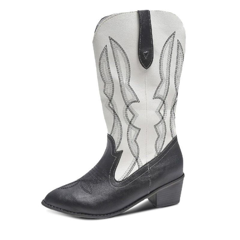 Damen Retro Kurze Bestickte Leder Spitze Zehe Wadenmitte England Stil Lässige Ritterstiefel