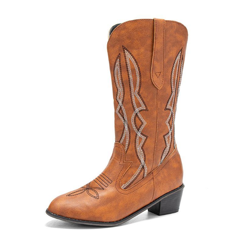 Damen Retro Kurze Bestickte Leder Spitze Zehe Wadenmitte England Stil Lässige Ritterstiefel