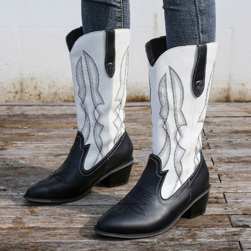 Damen Retro Kurze Bestickte Leder Spitze Zehe Wadenmitte England Stil Lässige Ritterstiefel