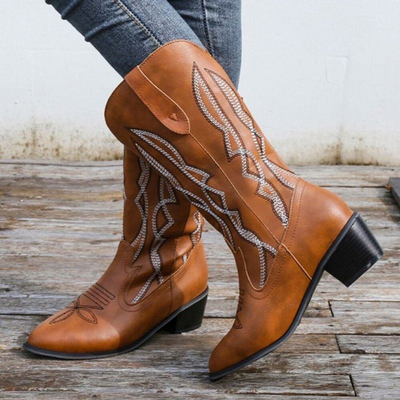 Damen Retro Kurze Bestickte Leder Spitze Zehe Wadenmitte England Stil Lässige Ritterstiefel