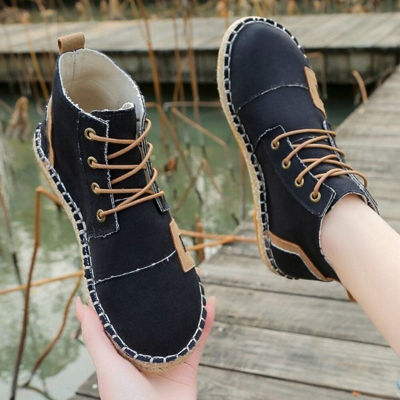 Damen Retro Lässige Schnürung Bequeme Handnähte Espadrilles Flache Kurze Stiefel