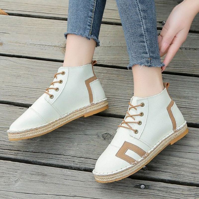 Damen Retro Lässige Schnürung Bequeme Handnähte Espadrilles Flache Kurze Stiefel