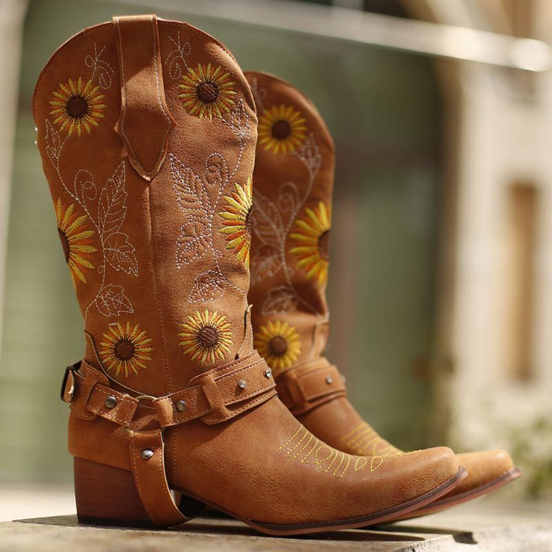 Damen Retro Sonnenblumen Muster Spitzschuh Chunky Heel Harness Cowboy Stiefel