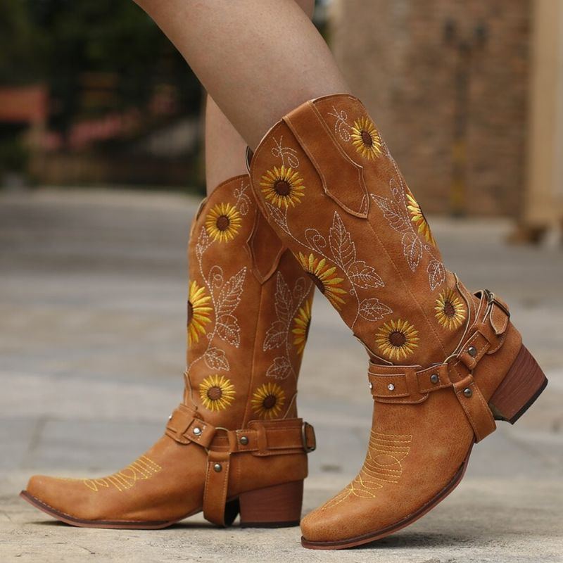 Damen Retro Sonnenblumen Muster Spitzschuh Chunky Heel Harness Cowboy Stiefel