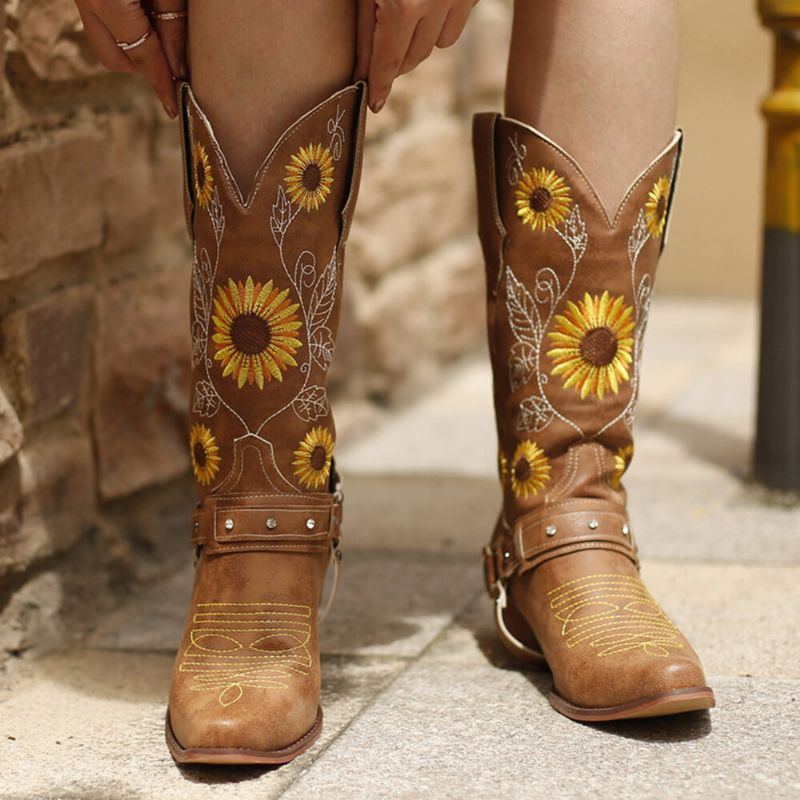 Damen Retro Sonnenblumen Muster Spitzschuh Chunky Heel Harness Cowboy Stiefel