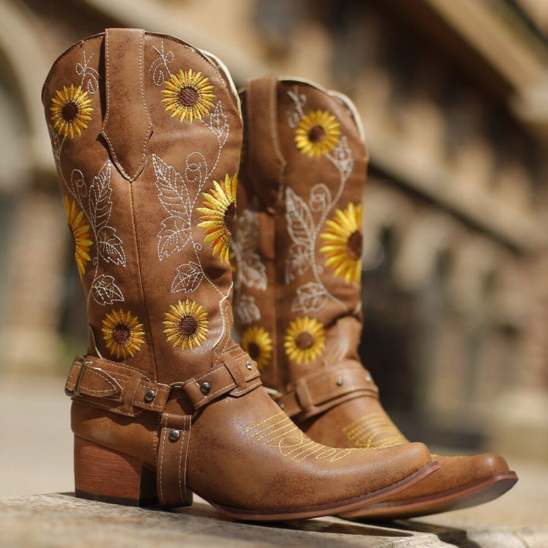 Damen Retro Sonnenblumen Muster Spitzschuh Chunky Heel Harness Cowboy Stiefel